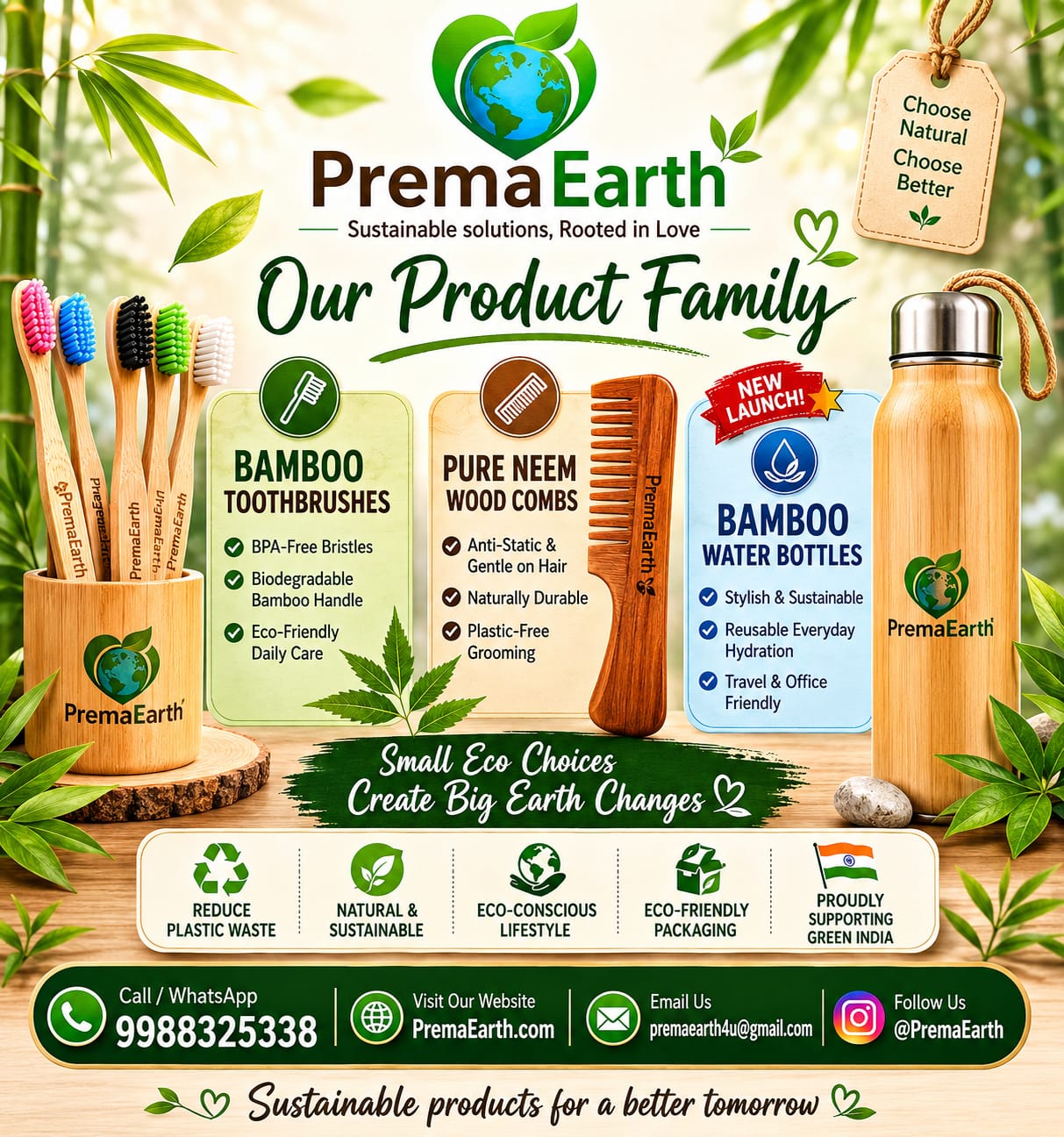 PremaEarth product family featuring bamboo toothbrushes, neem wood combs, and bamboo water bottles